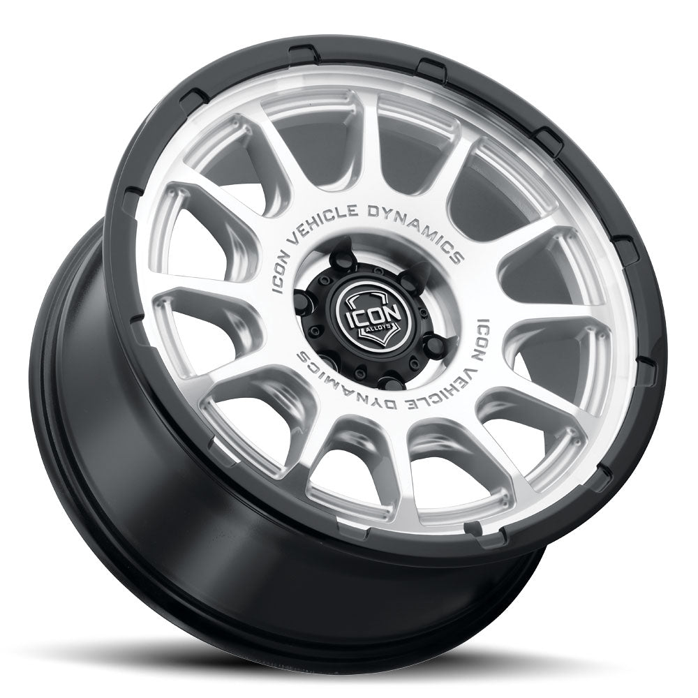 Rancho 20 X 9 / 6 X 5.5 16MM Offset 5.625 Inch Back Space Silver Machined W/ Gloss Black Ring, ICON Alloys