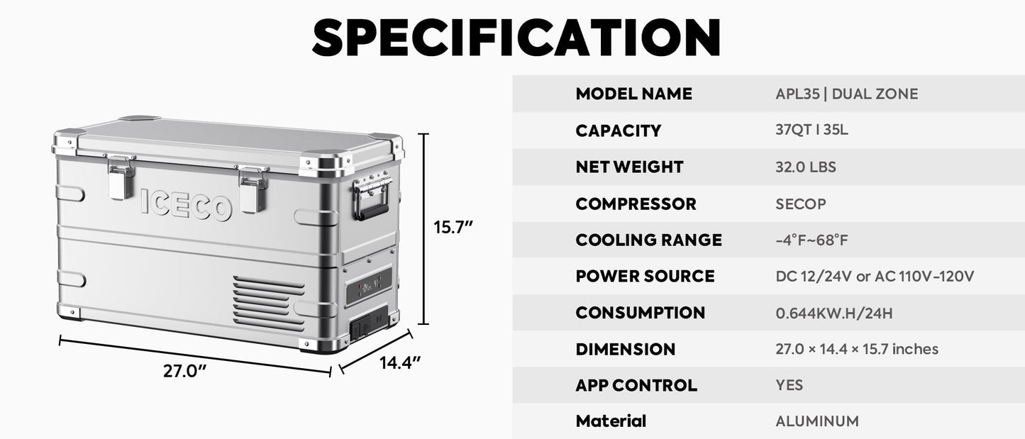 APL35 Dual Zone Aluminum Fridge | ICECO | 35 LT