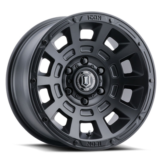 Compression 17 X 8.5 / 6 X 5.5 / 0MM / 4.75 Inch Back Space Satin Black 10 Spoke , ICON Alloys
