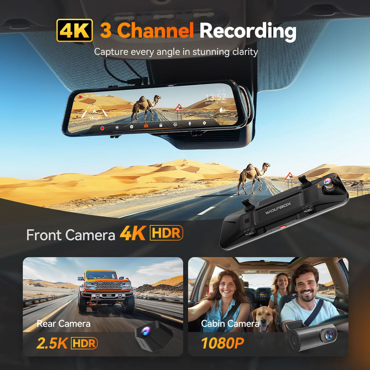 Wolfbox G900 TriPro 4K+2.5K+1080P 3 Channel Cabin Monitor Mirror Dash Cam Sale price