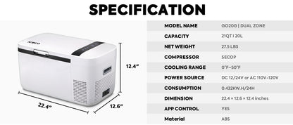 GO20 Dual Zone 12V Portable Freezer - White | ICECO | 20 LT