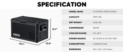 VL35ProS Single Zone Portable Freezer | ICECO | 35 LT