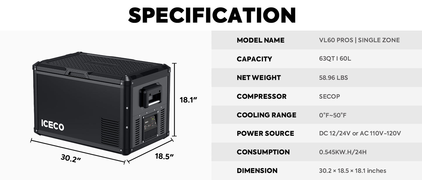 VL60ProS Single Zone Portable Freezer | ICECO | 60 LT