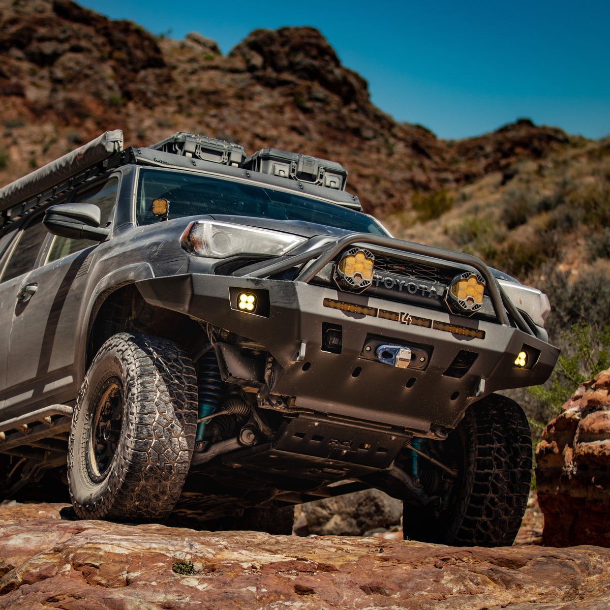 4Runner Overland Series Front Bumper / 5th Gen / 2014-2024 | 30" Light Bar Cutout | Mid-Height Bull Bar | Hammer Black Powder Coat