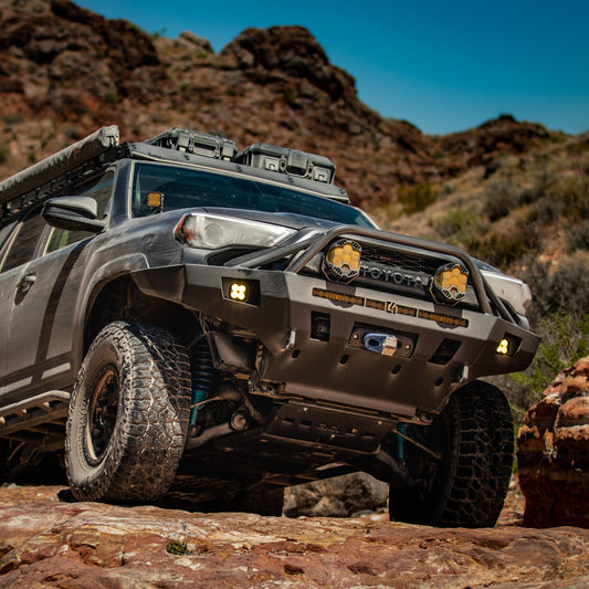 4Runner Overland Series Front Bumper / 5th Gen / 2014-2024 | 30" Light Bar Cutout | Mid-Height Bull Bar | Hammer Black Powder Coat