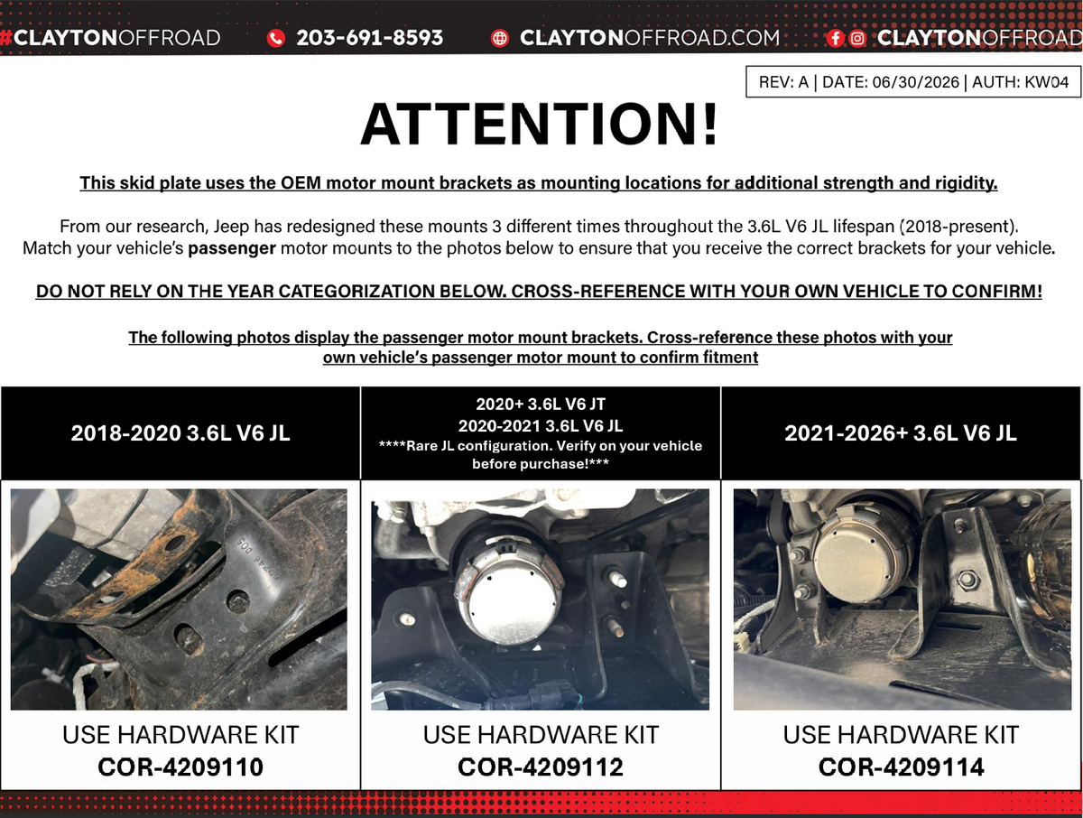 Jeep Wrangler 3.6L Skid Plate System - Skinny Tank Only, JT Motor Mounts (2020-2021, JL) Clayton Off Road