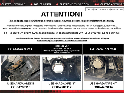 Jeep Wrangler 3.6L Skid Plate System - Skinny Tank Only, JT Motor Mounts (2020-2021, JL) Clayton Off Road