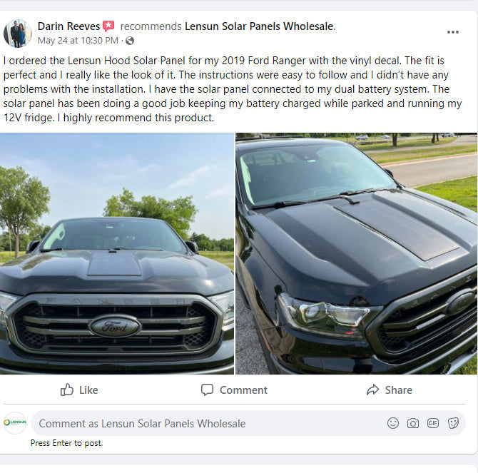 Ford Ranger (2019-2022) Lensun 45W Hood Flexible Solar Panel