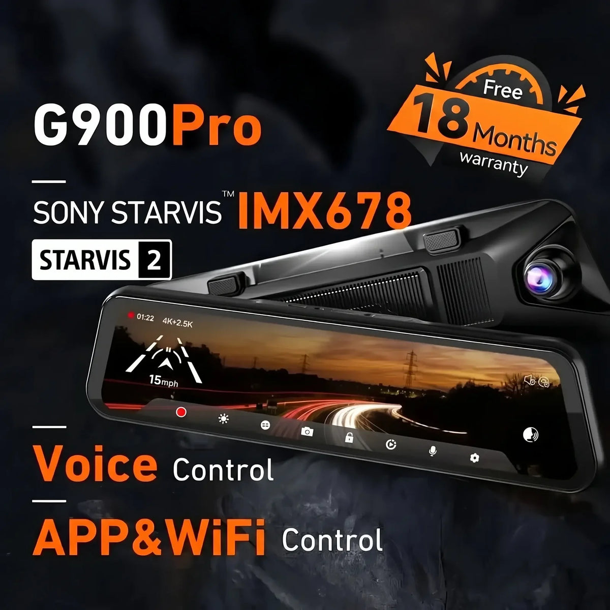 WOLFBOX G900Pro 12MP WiFi Touch Screen Rear View Mirror Dash Cam Smart Mirror