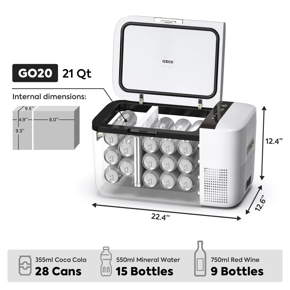 GO20 Dual Zone 12V Portable Freezer - White | ICECO | 20 LT