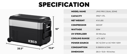 JP40 Pro Dual Zone Wheeled Portable Freezer With Cover | ICECO | 40 LT