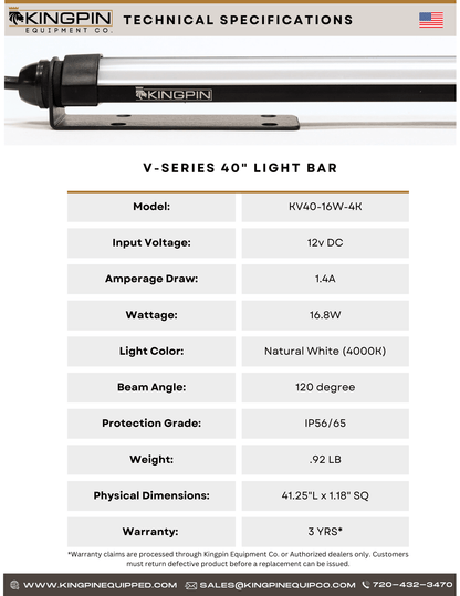 Technical charts showing specifications for Kingpin v-Series 40" light bar. 