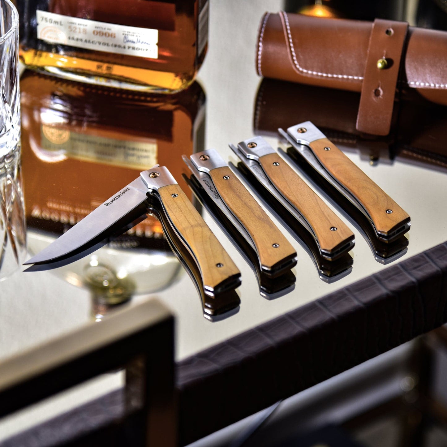 Folding Steak Knife Set in Leather Roll - 4 Piece