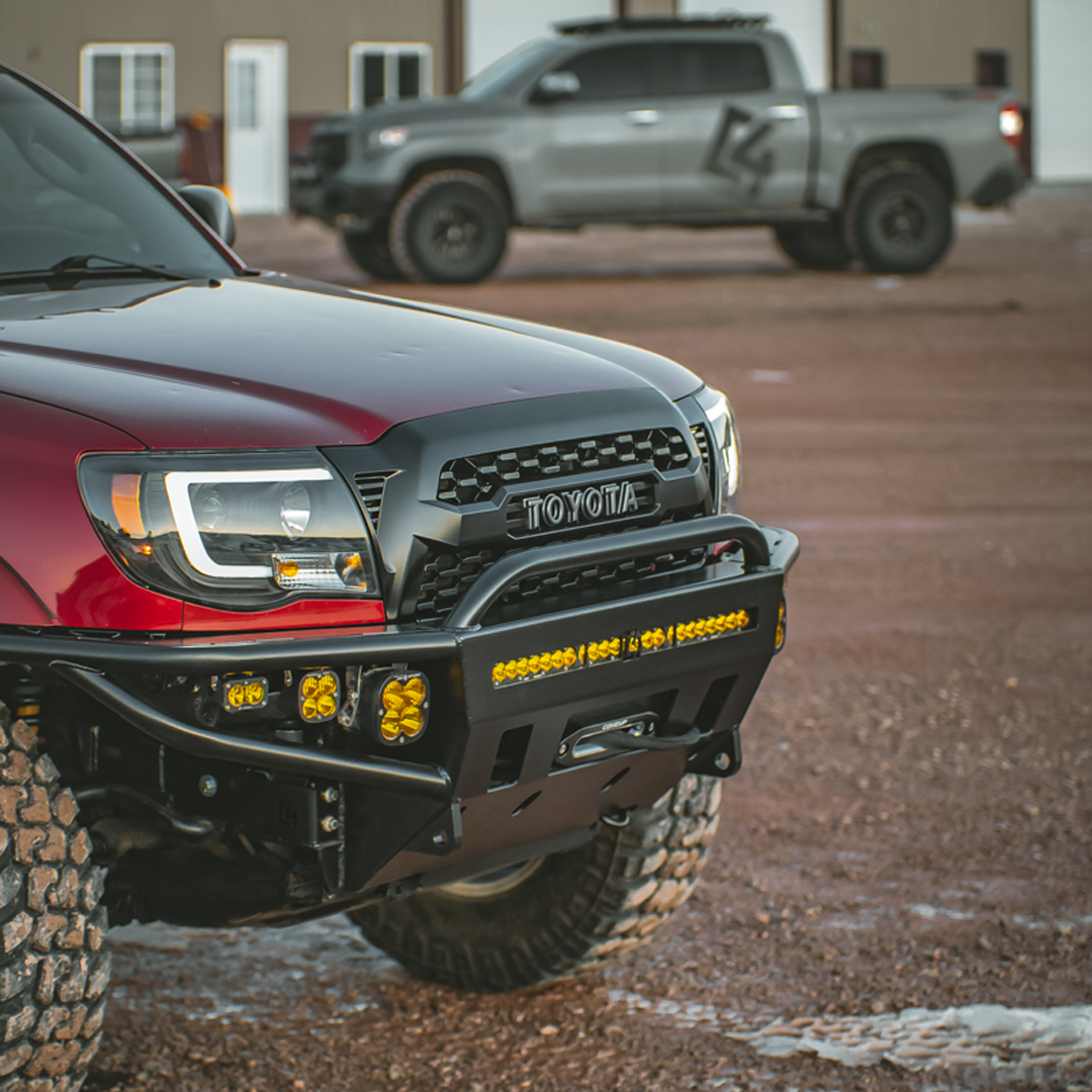 Tacoma Hybrid Front Bumper / 2nd Gen / 2005-2011 | 30" Light Bar Cutout | Full-Height Bull Bar w/ Tube Gussets (Build Wider) | Hammer Black Powder Coat