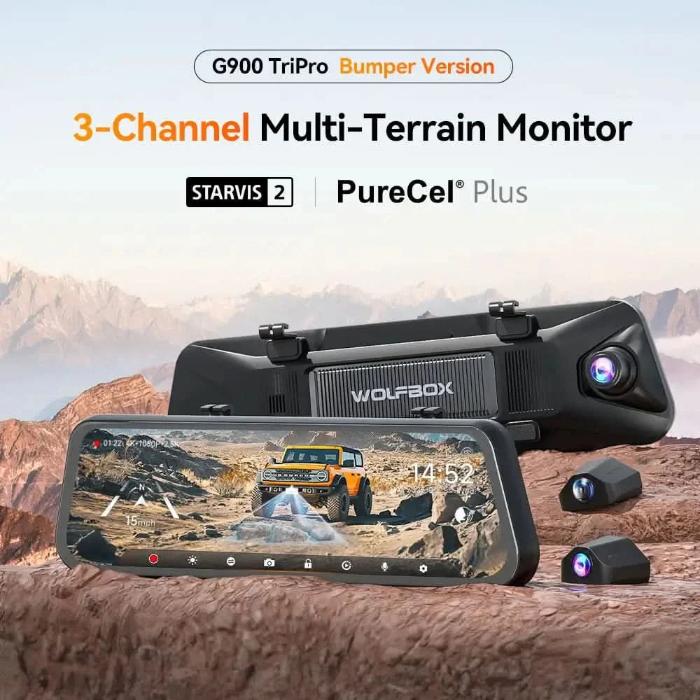 WOLFBOX G900 TriPro Bumper Version 3 Channel Rearview Mirror Dash Camera Mirror